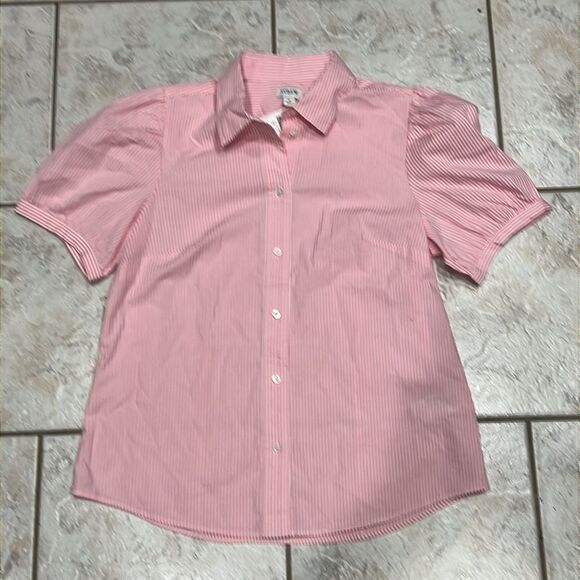 J Crew Factory Striped puff-sleeve button-up, pink and white size Large, NWT C29 - Picture 3 of 8